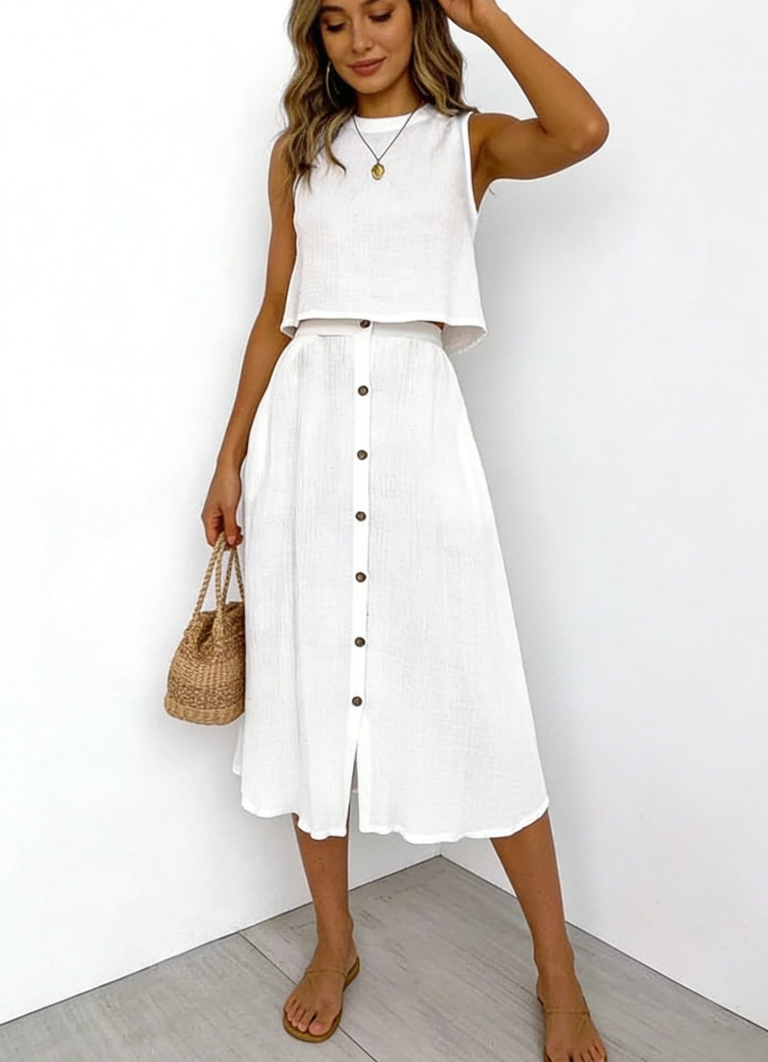 Women's White Linen Blend Two Piece Set Sleeveless Crop Top Midi Skirt Spring Summer Beach Vacation Daily Fashion Set