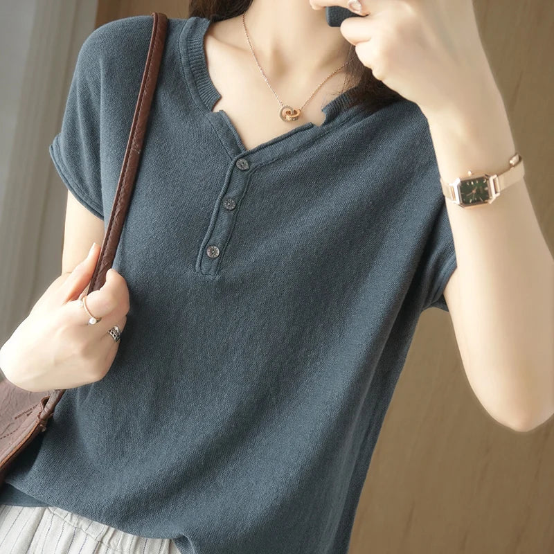 Summer 100% pure cotton women's T-shirt V-neck knitted short sleeved loose Tees solid color pullover button Tops basic versatile