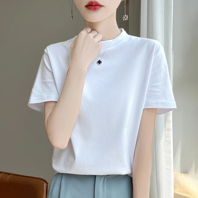 Spring and Autumn New Semi-high-necked Cotton Short-sleeved Women's Stand-up T-shirt Joker Loose Sleeve Top Slim Bottom