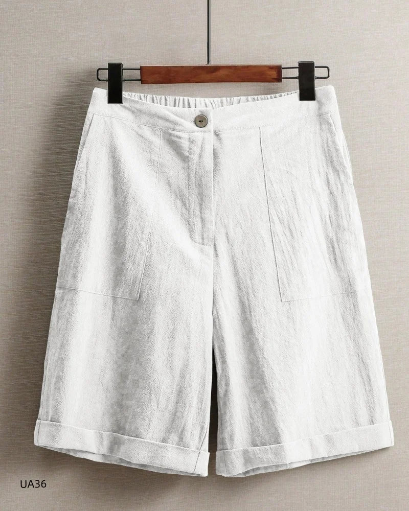 Women's Casual Cotton Linen Knee-Length Shorts Summer Elastic Waist Bermuda Shorts with Pockets female street wear Hot sell