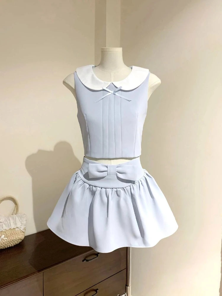 Korean Fashion Doll Collar Sleeveless Tow-piece Set Women's Japanese Sweet New Hot Girl Harajuku Preppy Style Short Skirt Suit