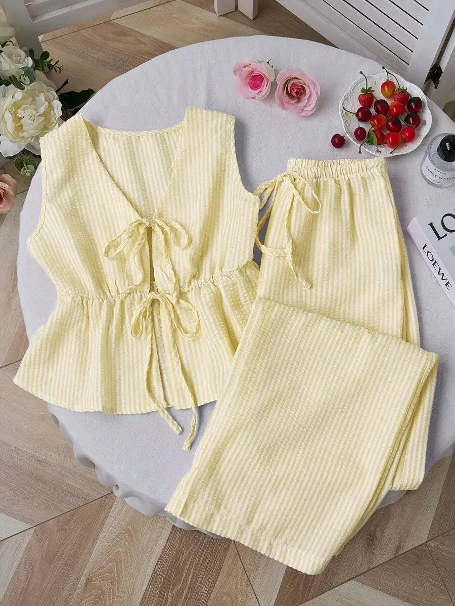 2026 Summer Two Piece Set Women Striped V Neck Lace Up Sleeveless Blouse High Waist Wide Leg Pants Suits Sweet Casual Tracksuits