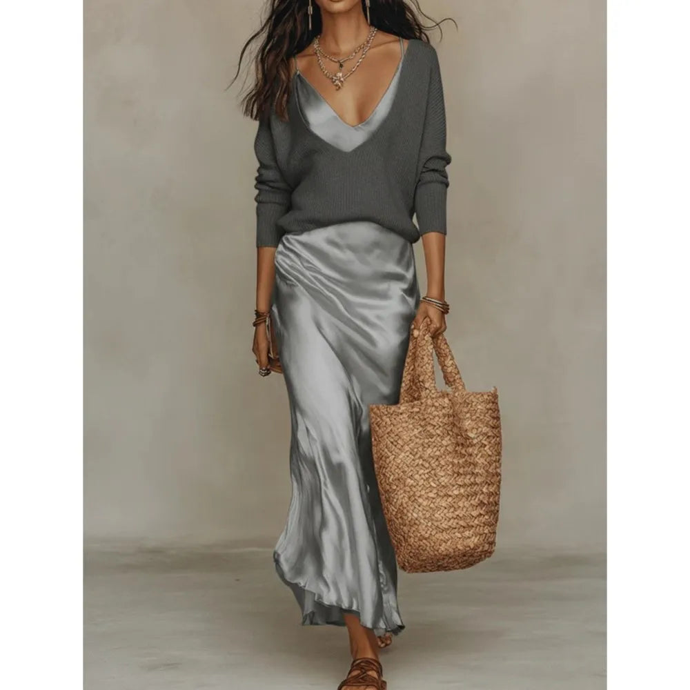 Spring Summer New Solid Color Satin Suspender Skirt And Knitted Top 2-piece Elegant Women's Slim Commuting Long Dress Set 2026