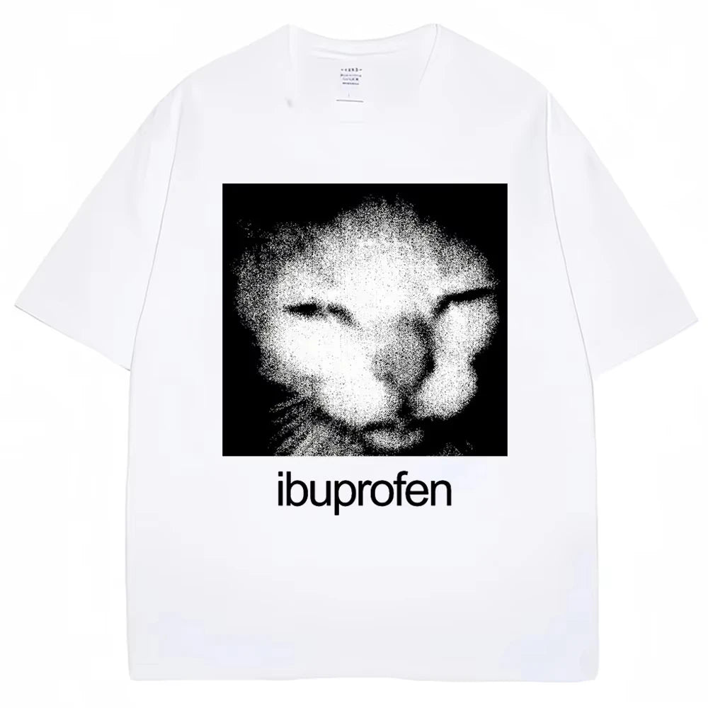 2025 Vintage Funny Ibuprofen Cat Meme Graphic T Shirt Men Women Humor Fashion T Shirts Oversized Casual Streetwear T-shirts