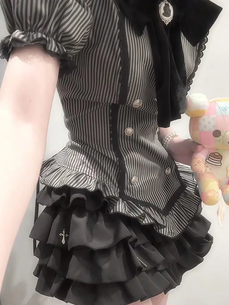 Japanese Harajuku Yami Kawaii 2 Piece Set Women's Short Sleeve Striped T Shirt + Mini Tiered Skirt Y2K Subculture Jirai Kei Set