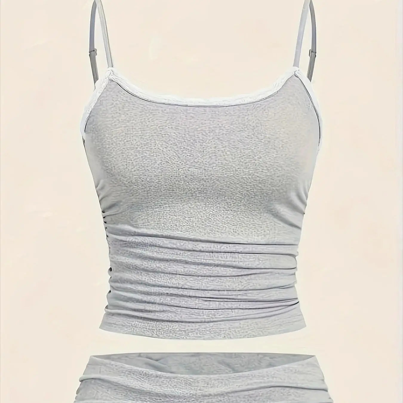 Plus Size Women's Light Gray Ruched Cami Top & Shorts 2-Piece Set - Comfortable Casual Loungewear/Daily Style (0XL-4XL)
