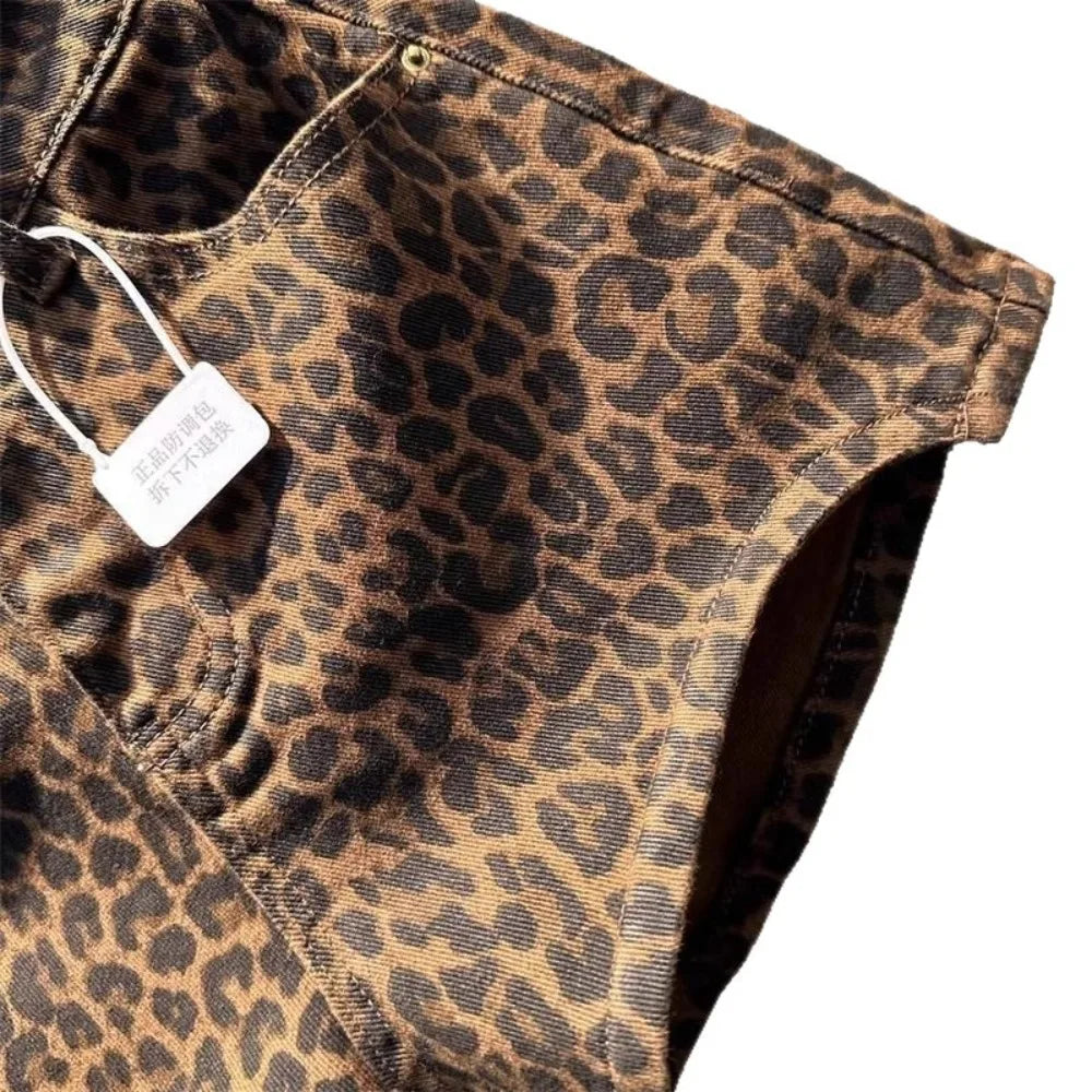 2025 Leopard Print High Waist Denim Shorts Women's New Irregular Fashion Wide-leg Booty Jeans Mini Shorts Summer Streetwear