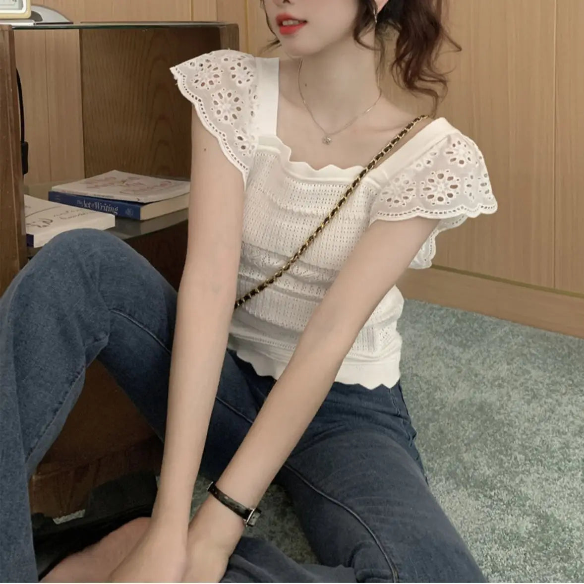 Summer 2026 Kawaii Women's Knit Vintage Butterfly Sleeve T-shirt Female Square Collar Cute Short Sleeve Tee Casual Crochet Tops