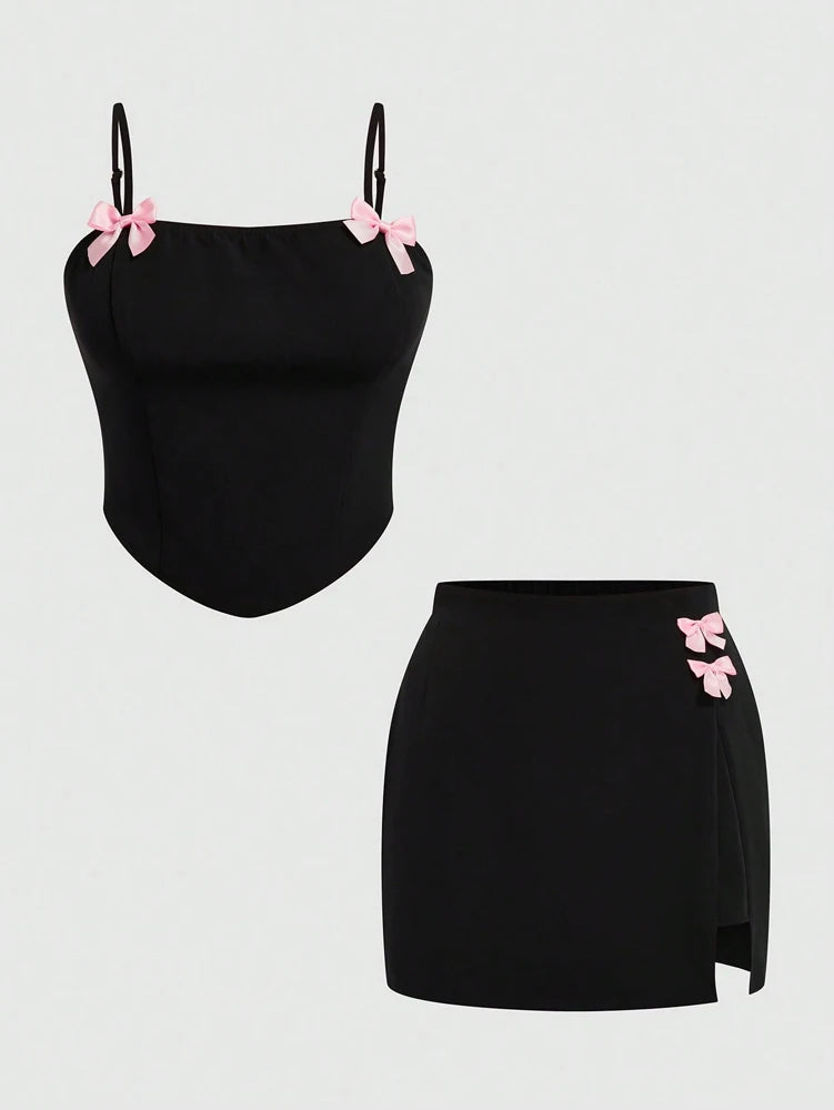 Plus Size 2025 Summer New Women's Spring and Summer Sexy Suspenders Top Bowknot Slit Half Skirt Romantic Girl Two Piece Set