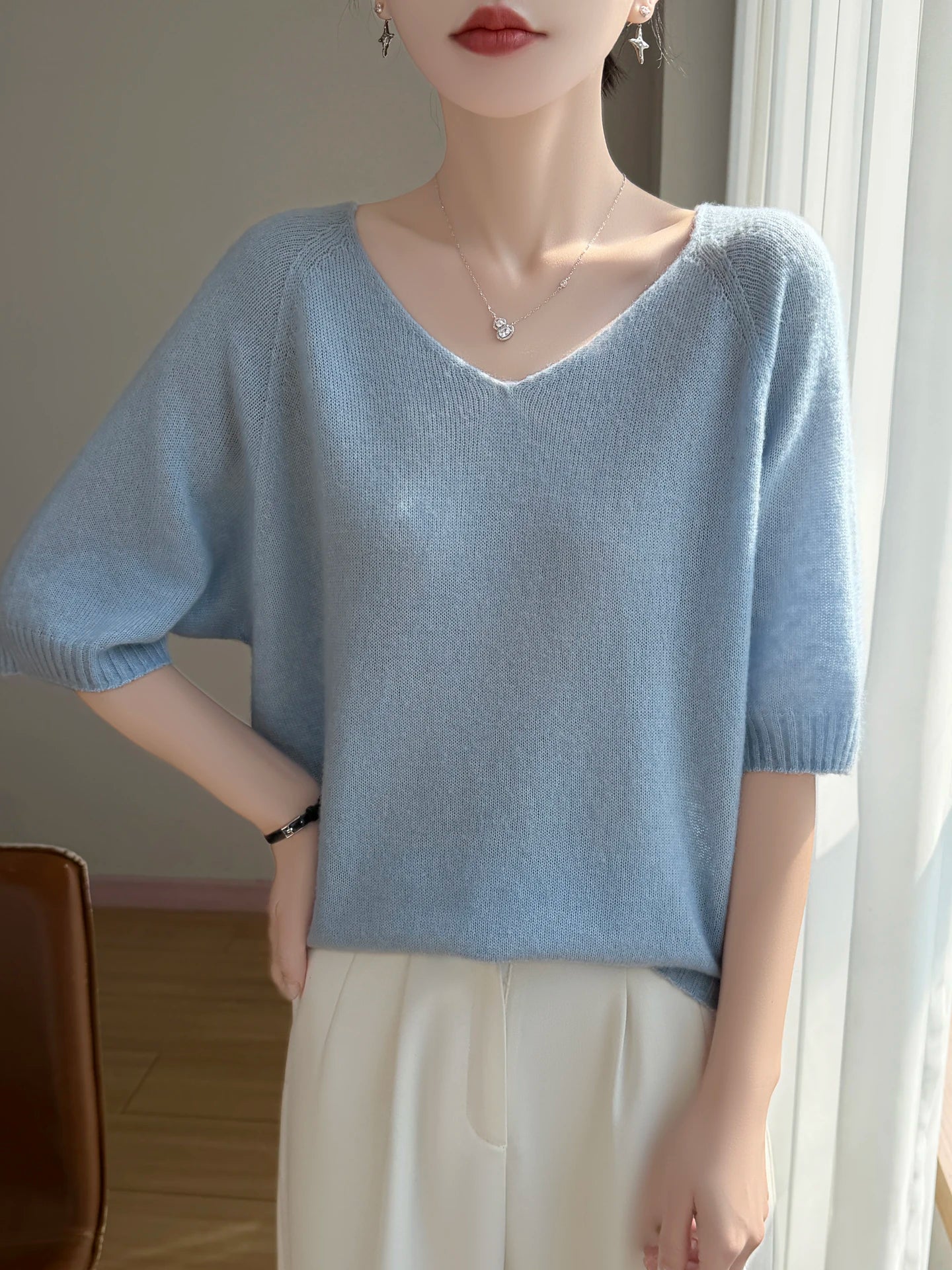 Basic Spring Summer Women's T-Shirts Wool Blend Female Knitwear Loose Pullover Cozy Blouse Half Sleeve Clothing Plus Size Tops