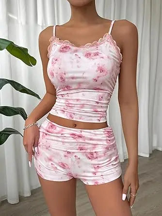 European and American spring and summer flower print lace neckline casual pants set