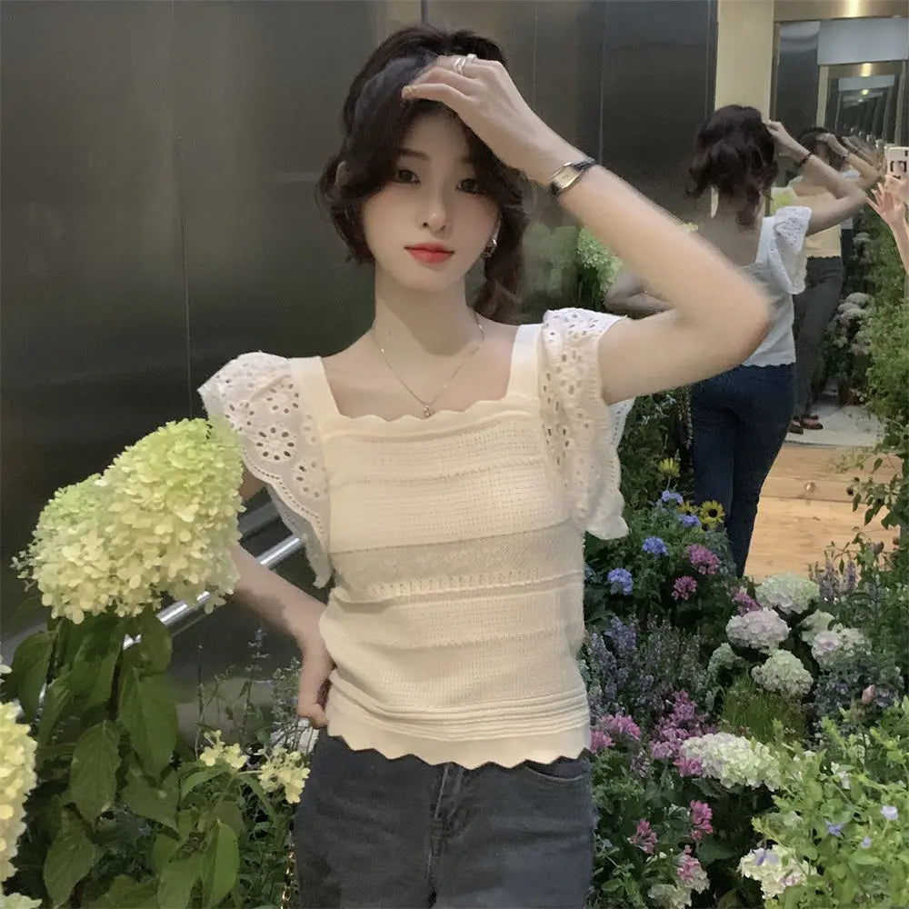 Summer 2026 Kawaii Women's Knit Vintage Butterfly Sleeve T-shirt Female Square Collar Cute Short Sleeve Tee Casual Crochet Tops