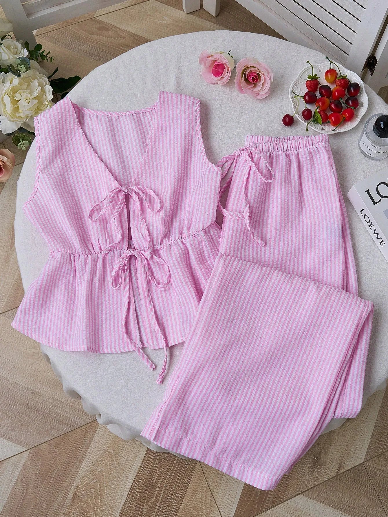 2026 Summer Two Piece Set Women Striped V Neck Lace Up Sleeveless Blouse High Waist Wide Leg Pants Suits Sweet Casual Tracksuits