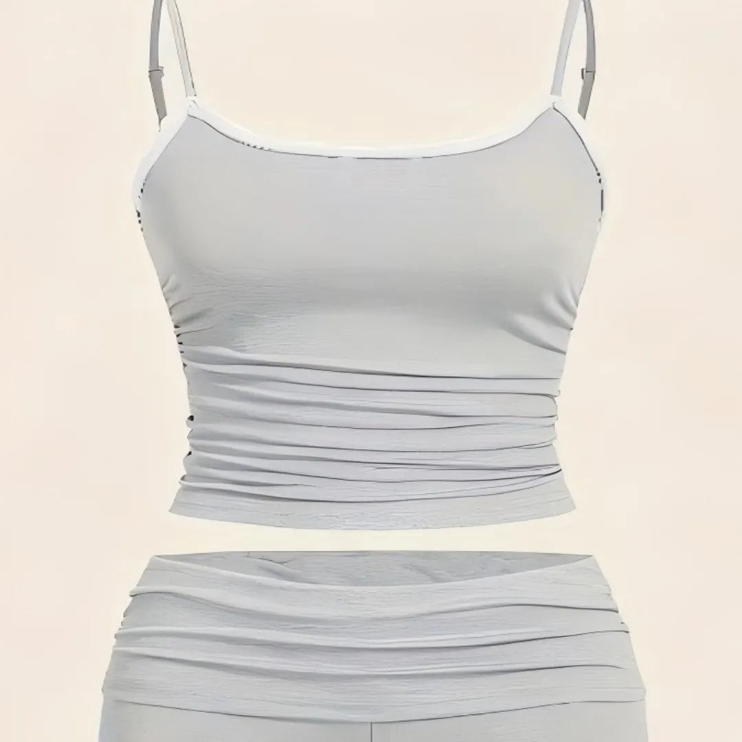 Plus Size Women's Light Gray Ruched Cami Top & Shorts 2-Piece Set - Comfortable Casual Loungewear/Daily Style (0XL-4XL)