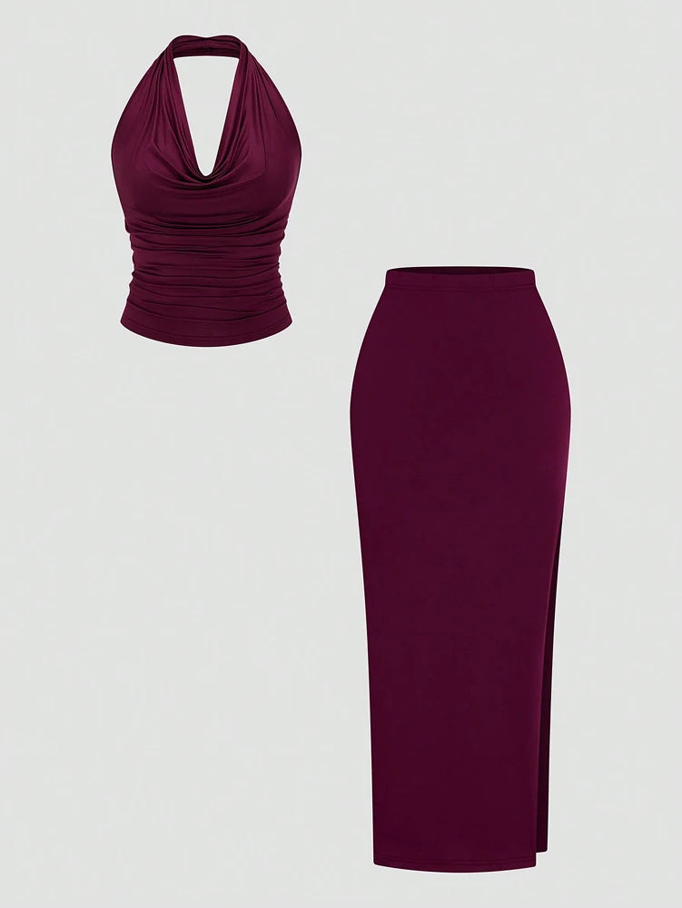 Plus Size Ms. Burgundy Sexy Romantic Urban Woman Sleeveless Neck Swing Neck Top + Split Half Skirt Long Skirt Two Piece Set