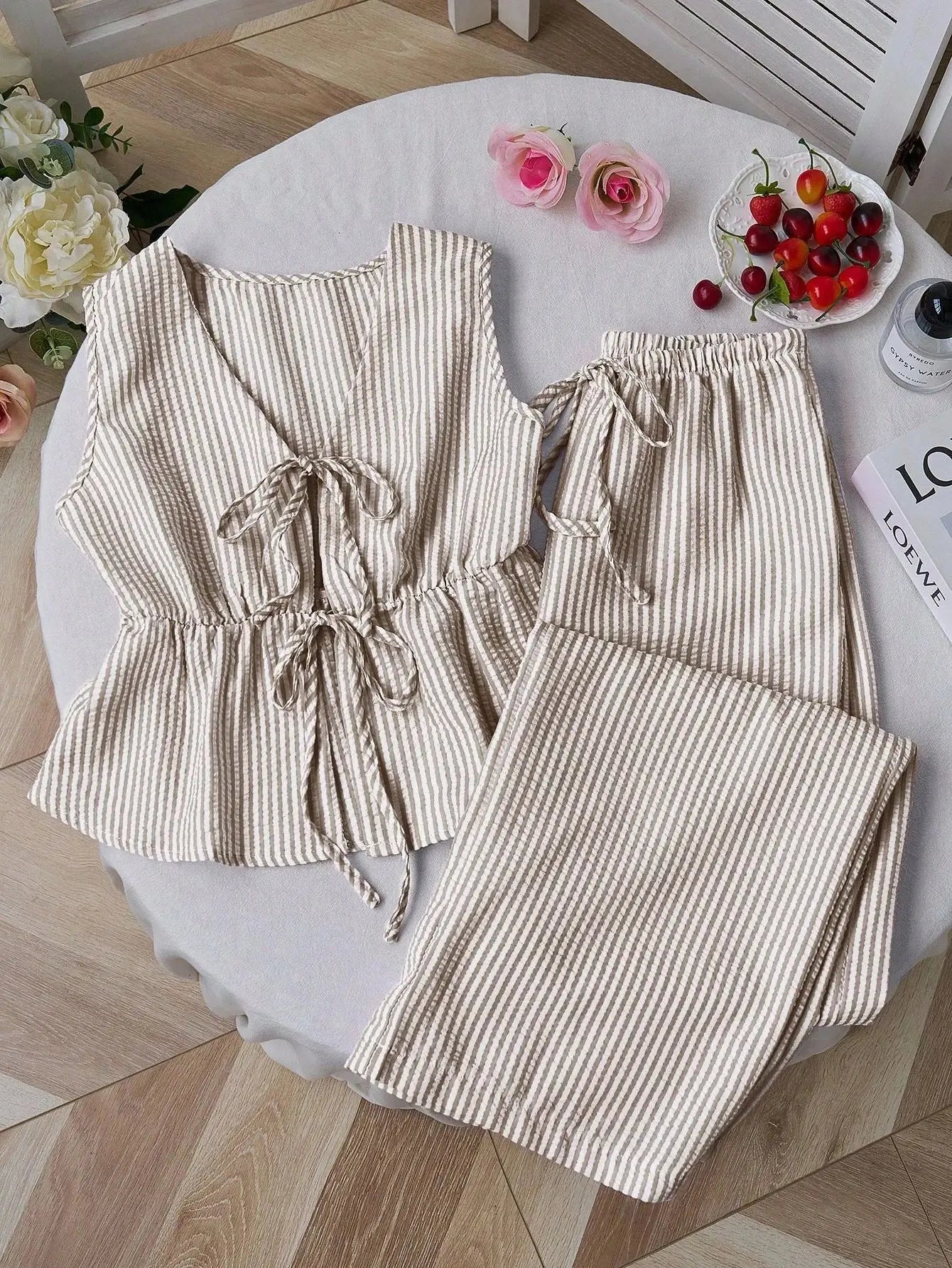 2026 Summer Two Piece Set Women Striped V Neck Lace Up Sleeveless Blouse High Waist Wide Leg Pants Suits Sweet Casual Tracksuits