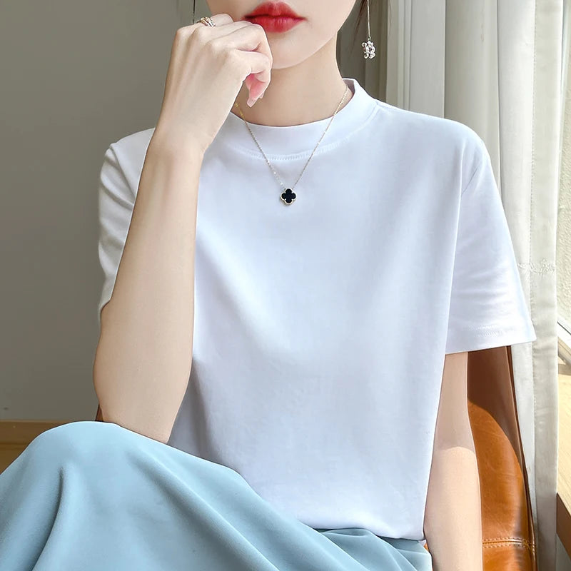 Spring and Autumn New Semi-high-necked Cotton Short-sleeved Women's Stand-up T-shirt Joker Loose Sleeve Top Slim Bottom