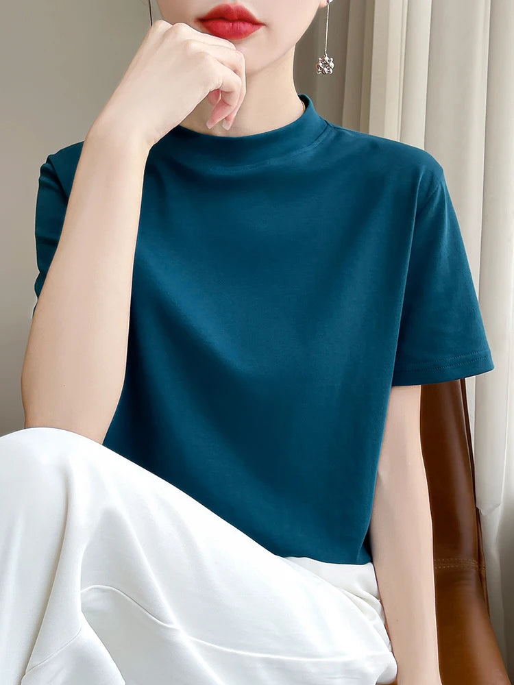 Spring and Autumn New Semi-high-necked Cotton Short-sleeved Women's Stand-up T-shirt Joker Loose Sleeve Top Slim Bottom