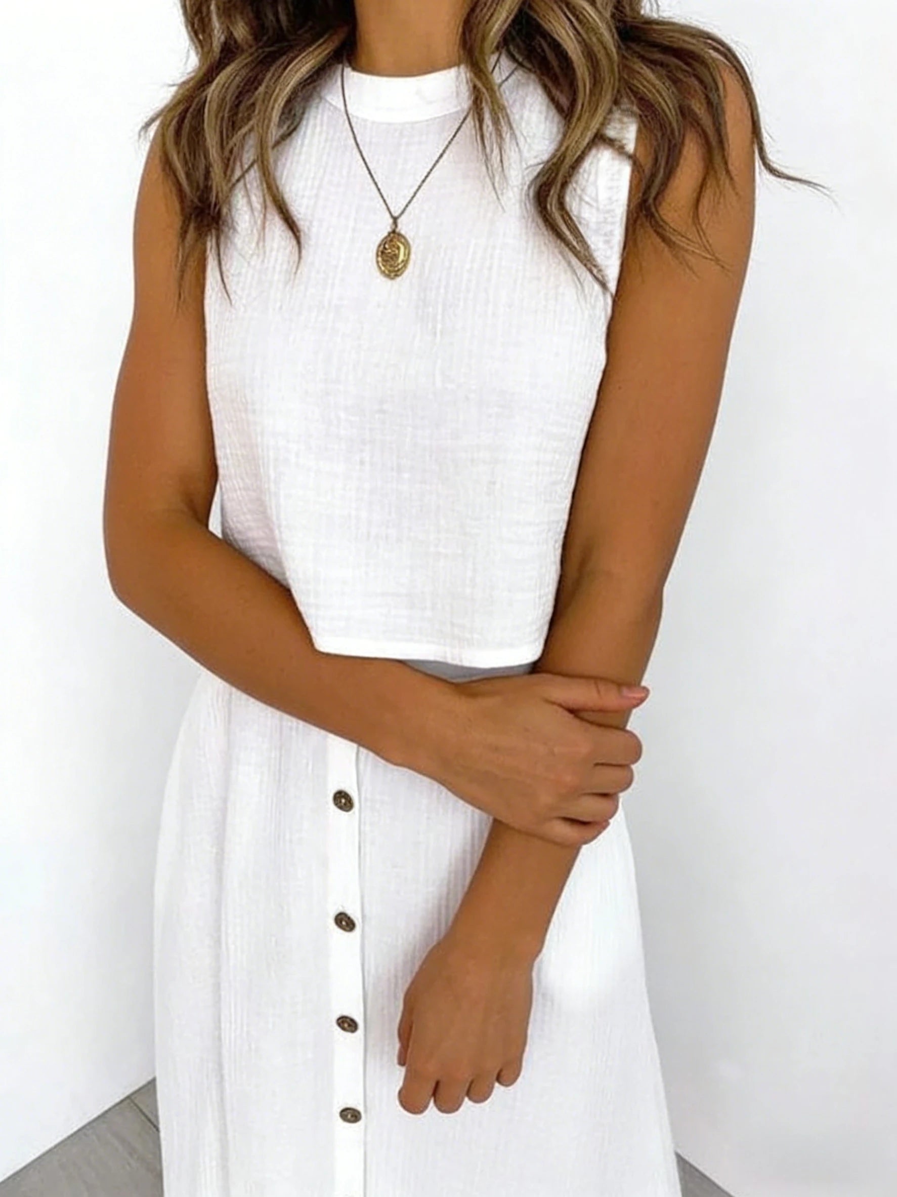 Women's White Linen Blend Two Piece Set Sleeveless Crop Top Midi Skirt Spring Summer Beach Vacation Daily Fashion Set