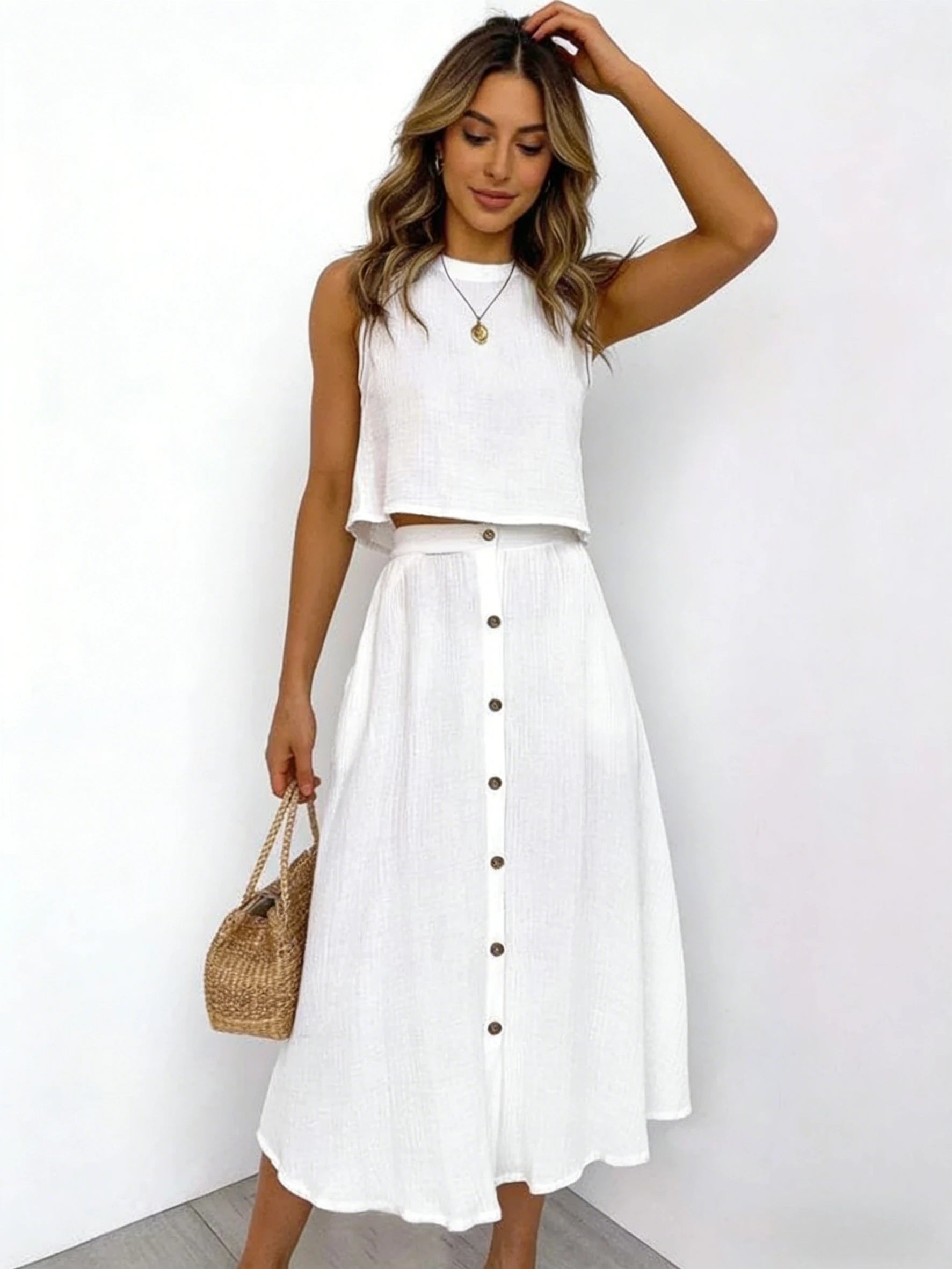 Women's White Linen Blend Two Piece Set Sleeveless Crop Top Midi Skirt Spring Summer Beach Vacation Daily Fashion Set
