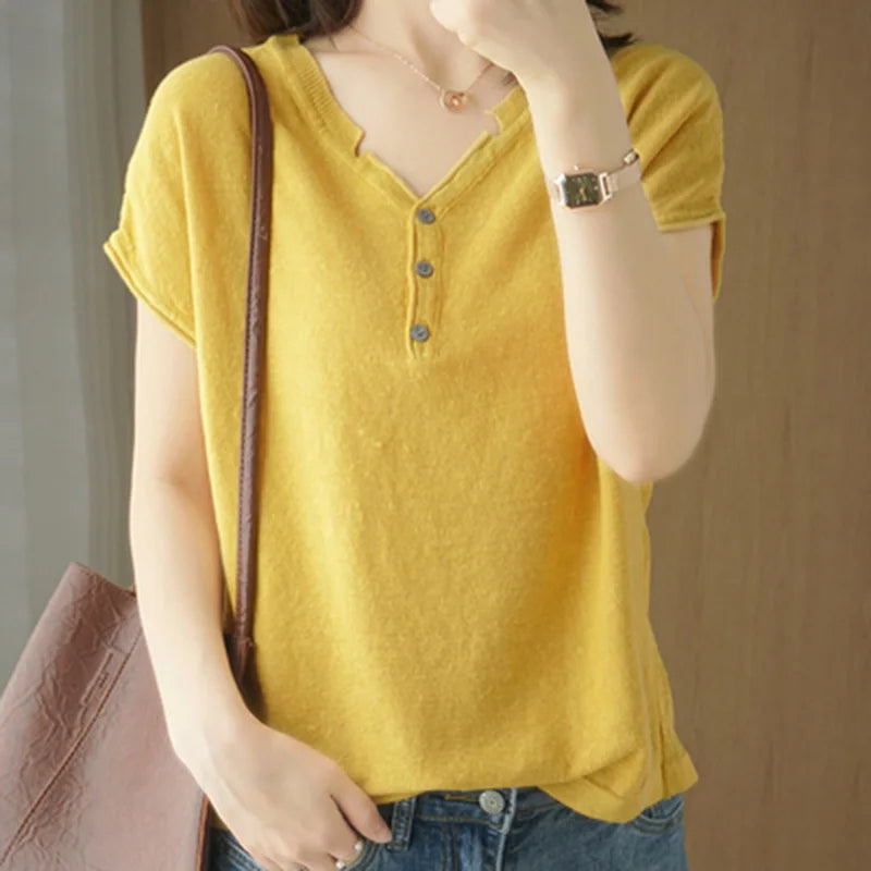 Summer 100% pure cotton women's T-shirt V-neck knitted short sleeved loose Tees solid color pullover button Tops basic versatile