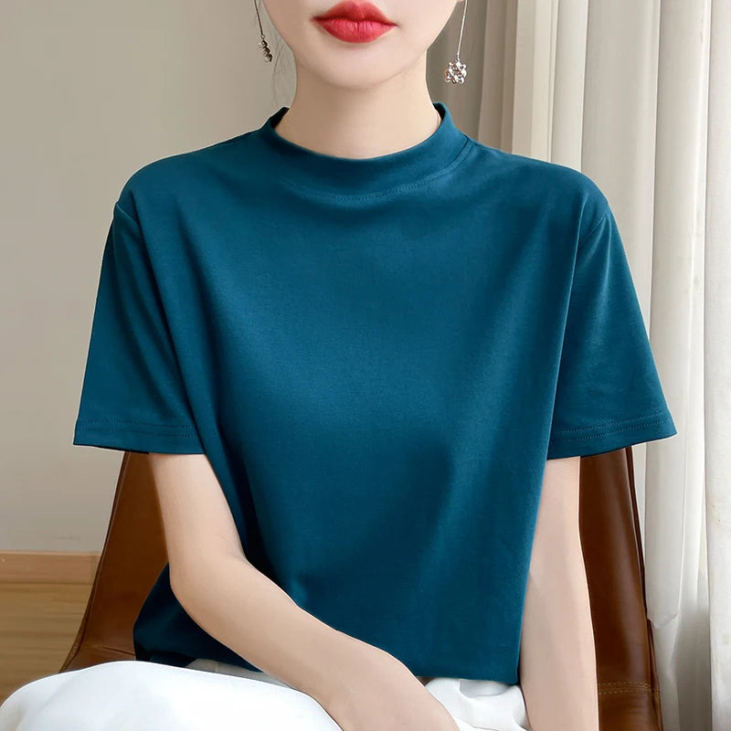 Spring and Autumn New Semi-high-necked Cotton Short-sleeved Women's Stand-up T-shirt Joker Loose Sleeve Top Slim Bottom