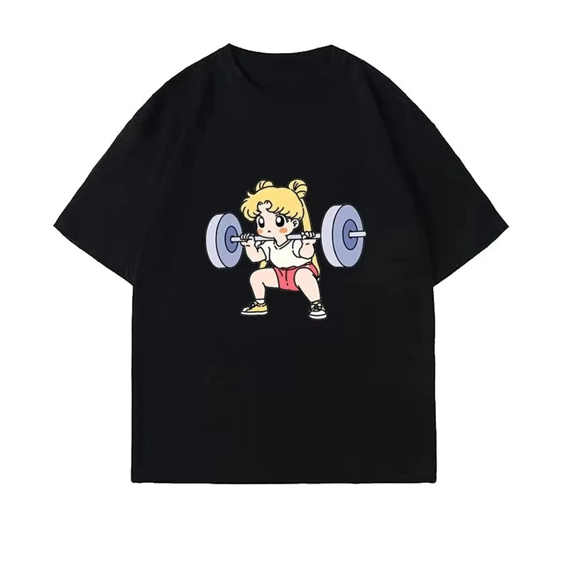 Sailor Moon Lifting Iron Fitness Women's T-Shirt Cotton Girl Children Parent-Child Summer Loose Cute Sweet Fun Short Sleeves Top