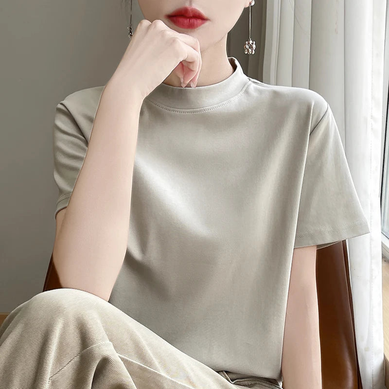 Spring and Autumn New Semi-high-necked Cotton Short-sleeved Women's Stand-up T-shirt Joker Loose Sleeve Top Slim Bottom