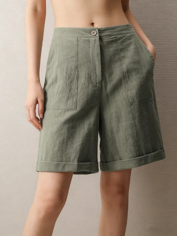 Women's Casual Cotton Linen Knee-Length Shorts Summer Elastic Waist Bermuda Shorts with Pockets female street wear Hot sell