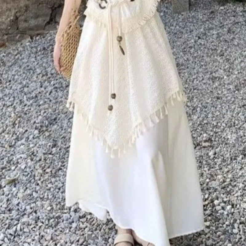 Cutout Tassel Two Piece Set for Women 2026 Summer New Arrival Spaghetti Strap Cami Top High Waist Party Midi Skirt Casual Trendy