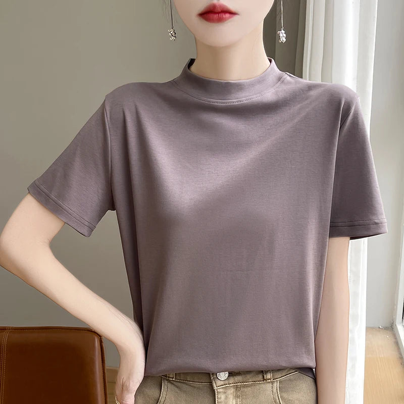 Spring and Autumn New Semi-high-necked Cotton Short-sleeved Women's Stand-up T-shirt Joker Loose Sleeve Top Slim Bottom