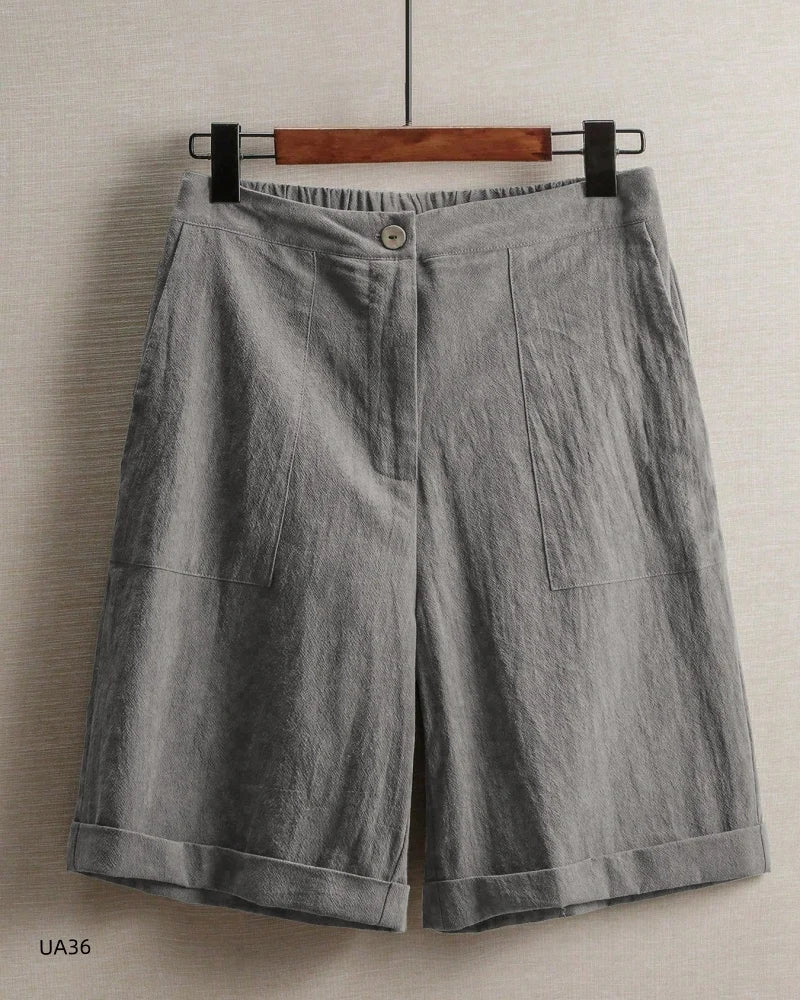 Women's Casual Cotton Linen Knee-Length Shorts Summer Elastic Waist Bermuda Shorts with Pockets female street wear Hot sell
