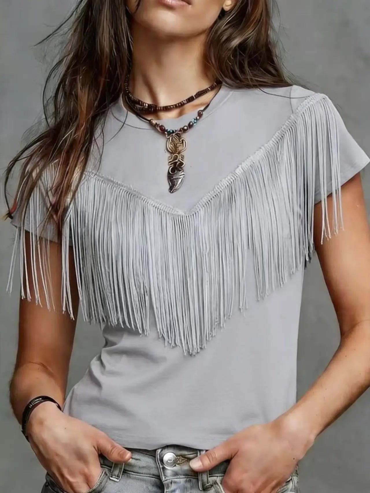 New Women's round Neck Solid Color Tassel Design Short Sleeve T-Shirt Fashionable Ladies' Top