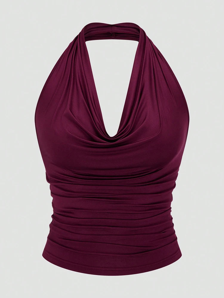 Plus Size Ms. Burgundy Sexy Romantic Urban Woman Sleeveless Neck Swing Neck Top + Split Half Skirt Long Skirt Two Piece Set