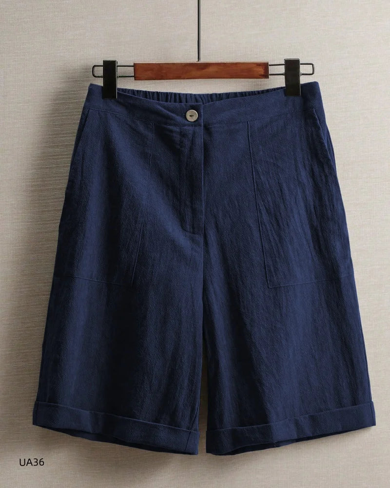 Women's Casual Cotton Linen Knee-Length Shorts Summer Elastic Waist Bermuda Shorts with Pockets female street wear Hot sell
