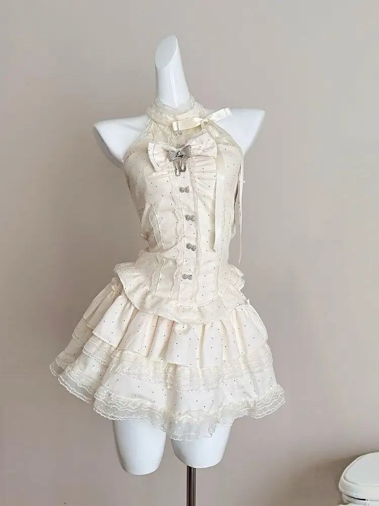 Japanese Fashion Y2k Elegant 2 Piece Set Women Sweet Sleeveless Tops + Mini Skirts Vintage Casual Outwear Korean Popular Clothes