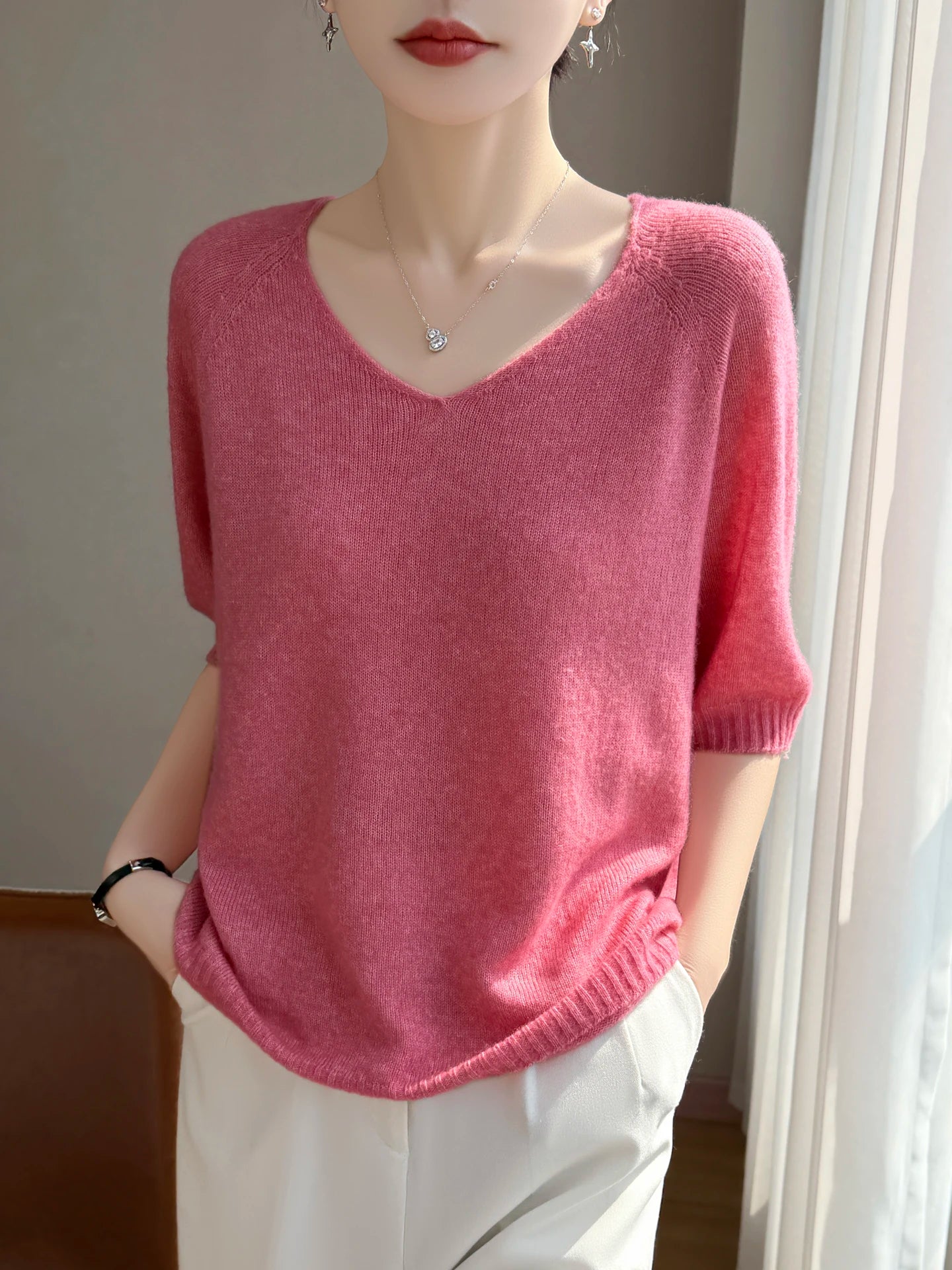 Basic Spring Summer Women's T-Shirts Wool Blend Female Knitwear Loose Pullover Cozy Blouse Half Sleeve Clothing Plus Size Tops
