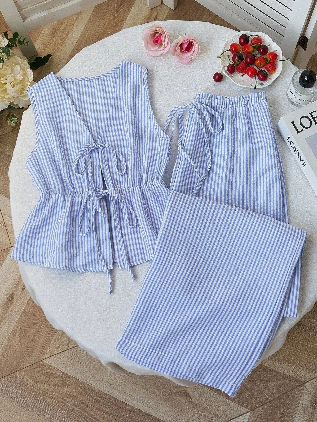 2026 Summer Two Piece Set Women Striped V Neck Lace Up Sleeveless Blouse High Waist Wide Leg Pants Suits Sweet Casual Tracksuits