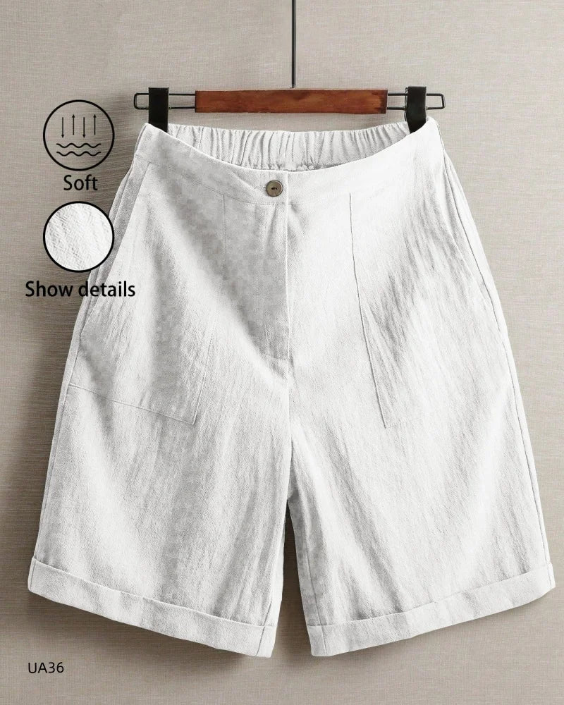 Women's High Waist Cotton Linen Blend Shorts  Elastic Waist with Pockets Summer Casual Loose Wide Leg Rolled Hem Female Pants
