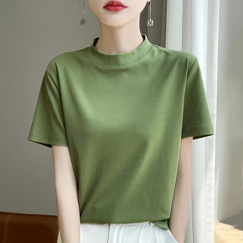 Spring and Autumn New Semi-high-necked Cotton Short-sleeved Women's Stand-up T-shirt Joker Loose Sleeve Top Slim Bottom
