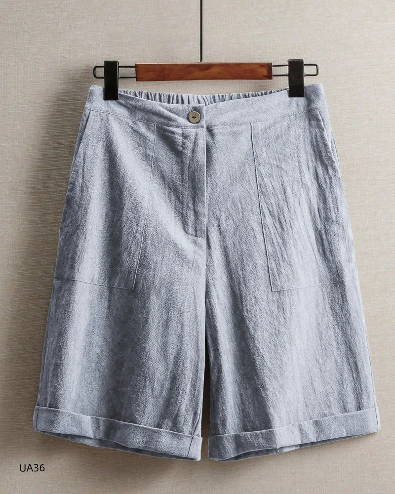 Women's Casual Cotton Linen Knee-Length Shorts Summer Elastic Waist Bermuda Shorts with Pockets female street wear Hot sell