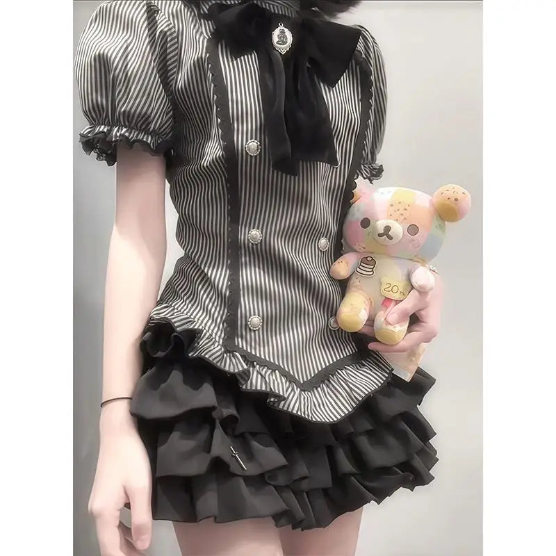 Japanese Harajuku Yami Kawaii 2 Piece Set Women's Short Sleeve Striped T Shirt + Mini Tiered Skirt Y2K Subculture Jirai Kei Set