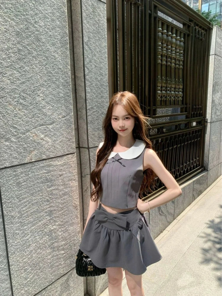 Korean Fashion Doll Collar Sleeveless Tow-piece Set Women's Japanese Sweet New Hot Girl Harajuku Preppy Style Short Skirt Suit