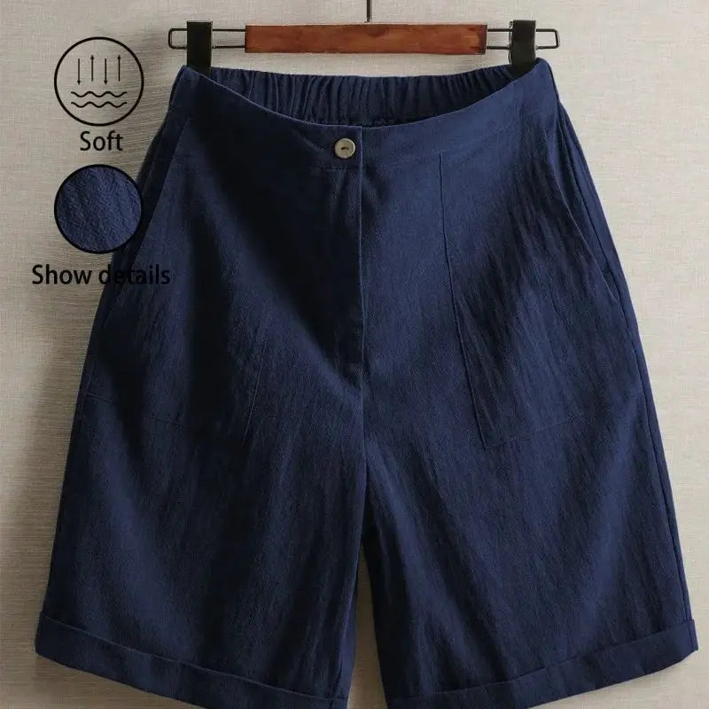 Women's High Waist Cotton Linen Blend Shorts  Elastic Waist with Pockets Summer Casual Loose Wide Leg Rolled Hem Female Pants