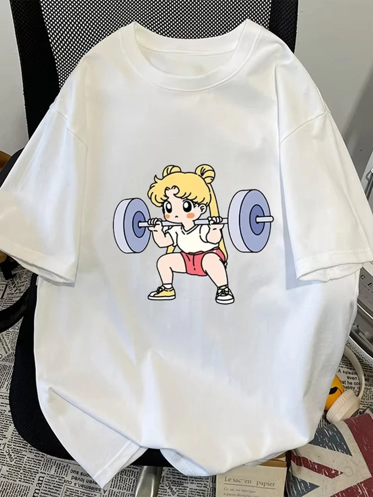 Sailor Moon Lifting Iron Fitness Women's T-Shirt Cotton Girl Children Parent-Child Summer Loose Cute Sweet Fun Short Sleeves Top