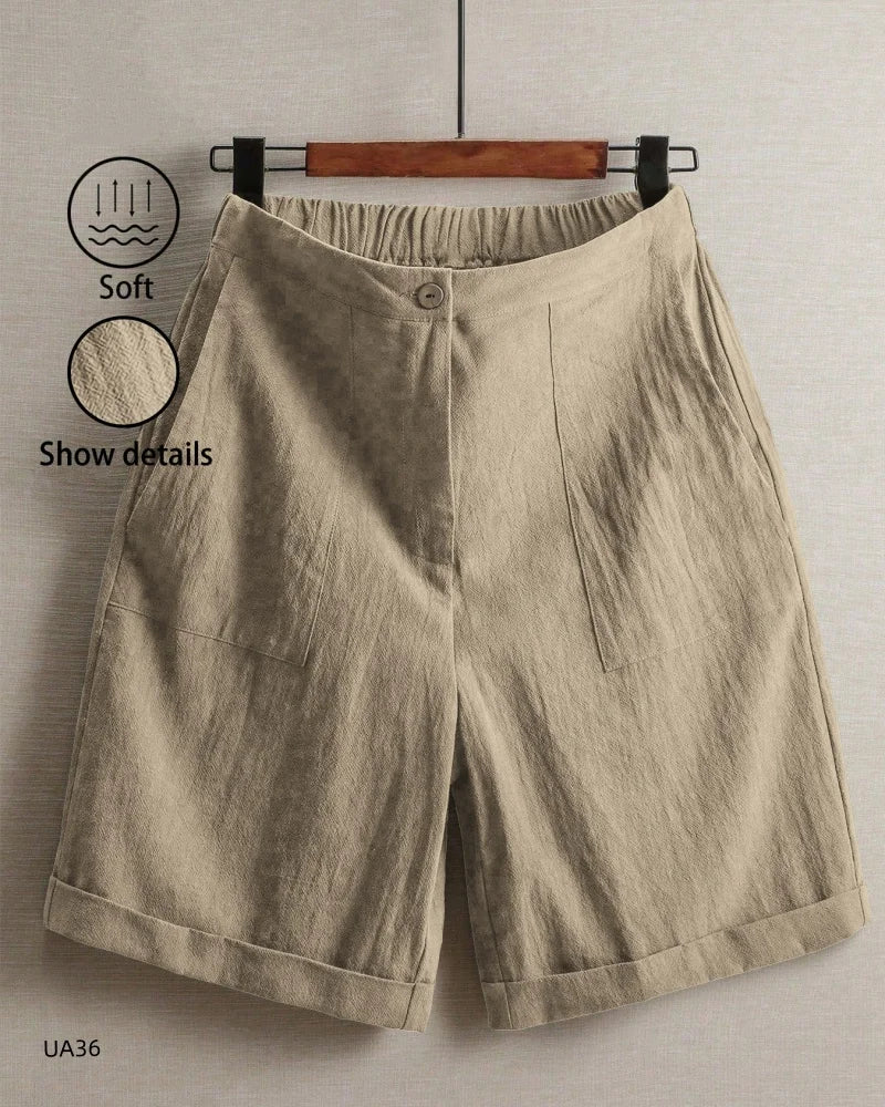 Women's High Waist Cotton Linen Blend Shorts  Elastic Waist with Pockets Summer Casual Loose Wide Leg Rolled Hem Female Pants