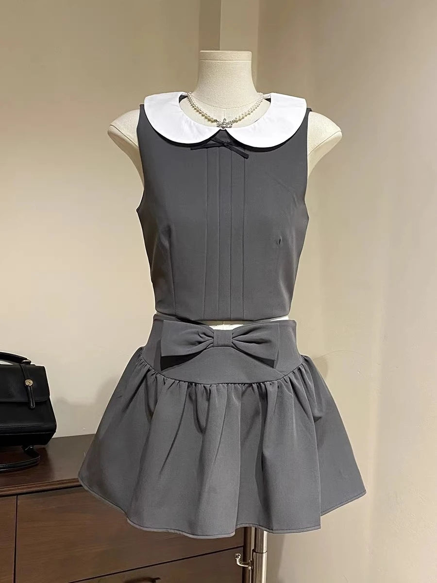 Korean Fashion Doll Collar Sleeveless Tow-piece Set Women's Japanese Sweet New Hot Girl Harajuku Preppy Style Short Skirt Suit