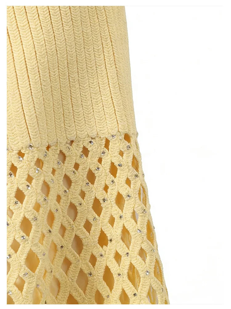 Women's French Vacation Style Hollow Out Rhinestone Knitted Vest + Skirt Set