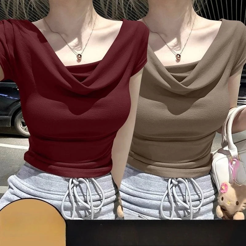 Summer Thread Solid Color Beach Fashion Versatile Women's Short Sleeved T-shirt Casual Lightweight Breathable Sexy Women's Top
