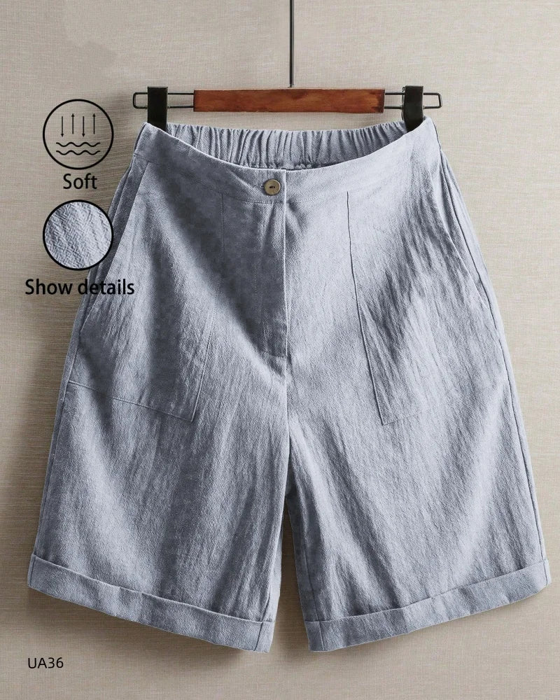 Women's High Waist Cotton Linen Blend Shorts  Elastic Waist with Pockets Summer Casual Loose Wide Leg Rolled Hem Female Pants